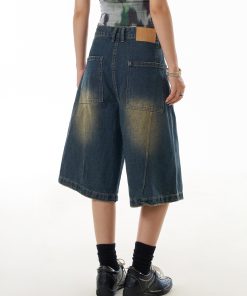 Women's Cowboy Capris Yellow Mud Dyed Distressed Straight Wide-Leg Mid-Length Casual Shorts - Vintage American Style