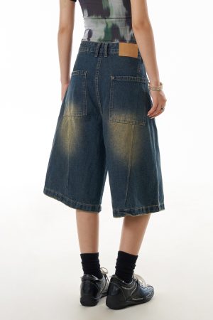 Women's Cowboy Capris Yellow Mud Dyed Distressed Straight Wide-Leg Mid-Length Casual Shorts - Vintage American Style