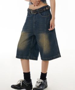 Women's Cowboy Capris Yellow Mud Dyed Distressed Straight Wide-Leg Mid-Length Casual Shorts - Vintage American Style