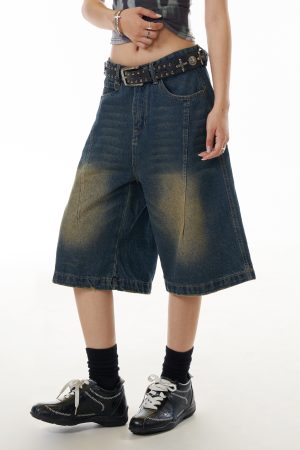 Women's Cowboy Capris Yellow Mud Dyed Distressed Straight Wide-Leg Mid-Length Casual Shorts - Vintage American Style