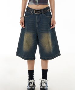 Women's Cowboy Capris Yellow Mud Dyed Distressed Straight Wide-Leg Mid-Length Casual Shorts - Vintage American Style