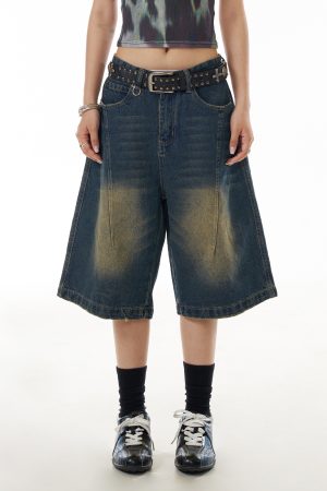 Women's Cowboy Capris Yellow Mud Dyed Distressed Straight Wide-Leg Mid-Length Casual Shorts - Vintage American Style