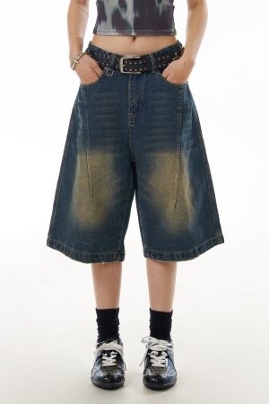 Women's Cowboy Capris Yellow Mud Dyed Distressed Straight Wide-Leg Mid-Length Casual Shorts - Vintage American Style
