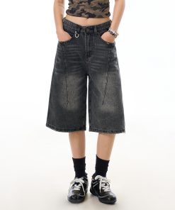 Women's Cowboy Capris Yellow Mud Dyed Distressed Straight Wide-Leg Mid-Length Casual Shorts - Vintage American Style