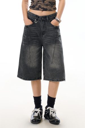 Women's Cowboy Capris Yellow Mud Dyed Distressed Straight Wide-Leg Mid-Length Casual Shorts - Vintage American Style