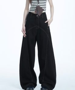 Women's Cowboy Pants American Vintage Style with Contrast Stitching Deconstructed Curved Blade Trendy Straight-Leg Casual Pants