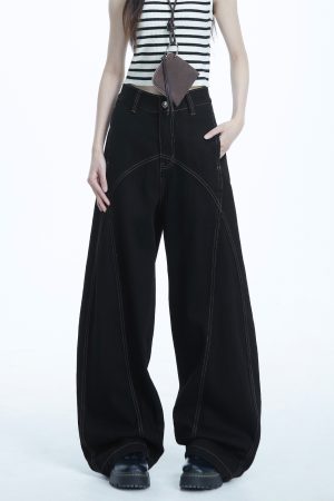 Women's Cowboy Pants American Vintage Style with Contrast Stitching Deconstructed Curved Blade Trendy Straight-Leg Casual Pants