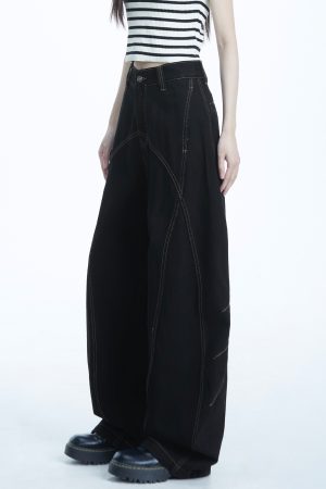 Women's Cowboy Pants American Vintage Style with Contrast Stitching Deconstructed Curved Blade Trendy Straight-Leg Casual Pants