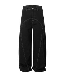 Women's Cowboy Pants American Vintage Style with Contrast Stitching Deconstructed Curved Blade Trendy Straight-Leg Casual Pants