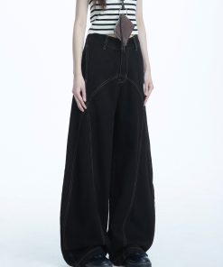 Women's Cowboy Pants American Vintage Style with Contrast Stitching Deconstructed Curved Blade Trendy Straight-Leg Casual Pants