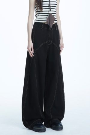 Women's Cowboy Pants American Vintage Style with Contrast Stitching Deconstructed Curved Blade Trendy Straight-Leg Casual Pants