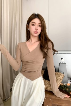 Women's Cross V-Neck Long Sleeve Knitted Top - Autumn Winter Slim Fit Sexy Style in Pure Desire Korean Fashion