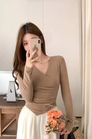 Women's Cross V-Neck Long Sleeve Knitted Top - Autumn Winter Slim Fit Sexy Style in Pure Desire Korean Fashion