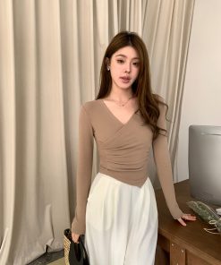 Women's Cross V-Neck Long Sleeve Knitted Top - Autumn Winter Slim Fit Sexy Style in Pure Desire Korean Fashion