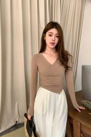 Women's Cross V-Neck Long Sleeve Knitted Top - Autumn Winter Slim Fit Sexy Style in Pure Desire Korean Fashion