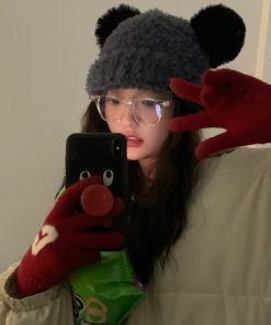 Women's Cute Thickened Bear Knitted Bucket Hat - Plush Winter Hat for Autumn, Versatile White Beanie