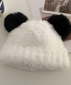Women's Cute Thickened Bear Knitted Bucket Hat - Plush Winter Hat for Autumn, Versatile White Beanie