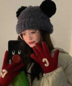 Women's Cute Thickened Bear Knitted Bucket Hat - Plush Winter Hat for Autumn, Versatile White Beanie