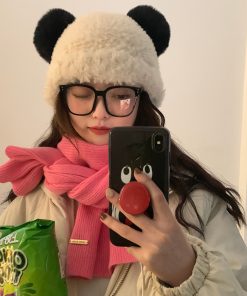 Women's Cute Thickened Bear Knitted Bucket Hat - Plush Winter Hat for Autumn, Versatile White Beanie