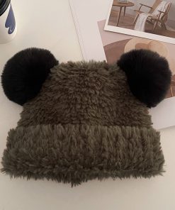 Women's Cute Thickened Bear Knitted Bucket Hat - Plush Winter Hat for Autumn, Versatile White Beanie