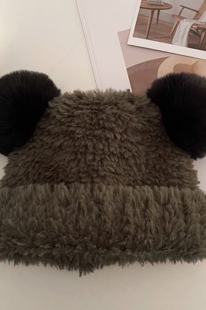 Women's Cute Thickened Bear Knitted Bucket Hat - Plush Winter Hat for Autumn, Versatile White Beanie
