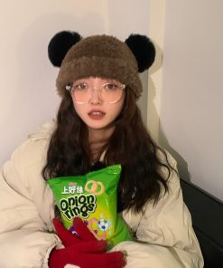 Women's Cute Thickened Bear Knitted Bucket Hat - Plush Winter Hat for Autumn, Versatile White Beanie