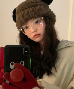 Women's Cute Thickened Bear Knitted Bucket Hat - Plush Winter Hat for Autumn, Versatile White Beanie