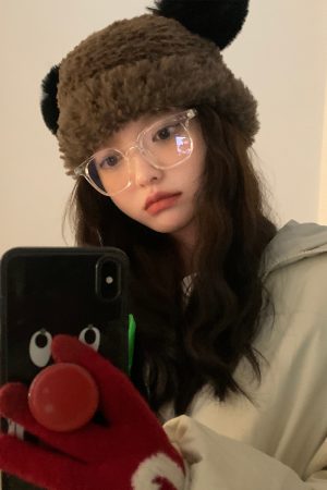 Women's Cute Thickened Bear Knitted Bucket Hat - Plush Winter Hat for Autumn, Versatile White Beanie