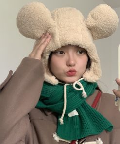 Women's Cute Thickened Fleece Cycling Hat with Ear Protection and Warm Neck Gaiter - Autumn Winter Korean Style