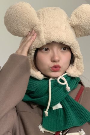 Women's Cute Thickened Fleece Cycling Hat with Ear Protection and Warm Neck Gaiter - Autumn Winter Korean Style