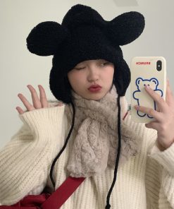 Women's Cute Thickened Fleece Cycling Hat with Ear Protection and Warm Neck Gaiter - Autumn Winter Korean Style