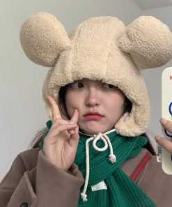 Women's Cute Thickened Fleece Cycling Hat with Ear Protection and Warm Neck Gaiter - Autumn Winter Korean Style