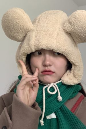 Women's Cute Thickened Fleece Cycling Hat with Ear Protection and Warm Neck Gaiter - Autumn Winter Korean Style
