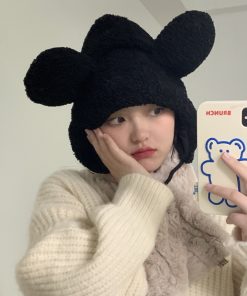 Women's Cute Thickened Fleece Cycling Hat with Ear Protection and Warm Neck Gaiter - Autumn Winter Korean Style