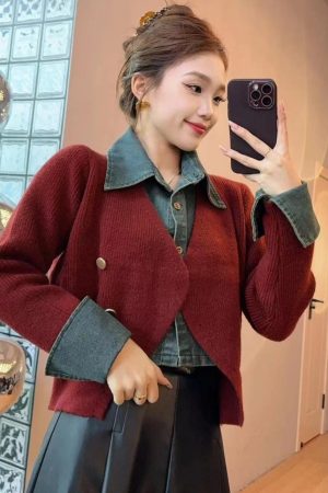 Women's Denim Patchwork Knitted Sweater and Half Skirt Set - Trendy Autumn Winter Two-Piece OOTD for 2025 Fashion
