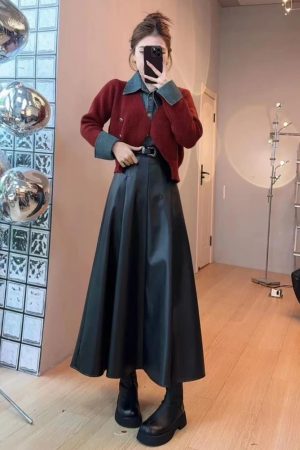 Women's Denim Patchwork Knitted Sweater and Half Skirt Set - Trendy Autumn Winter Two-Piece OOTD for 2025 Fashion