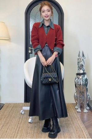 Women's Denim Patchwork Knitted Sweater and Half Skirt Set - Trendy Autumn Winter Two-Piece OOTD for 2025 Fashion