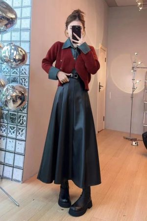 Women's Denim Patchwork Knitted Sweater and Half Skirt Set - Trendy Autumn Winter Two-Piece OOTD for 2025 Fashion