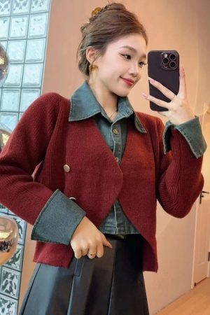 Women's Denim Patchwork Knitted Sweater and Half Skirt Set - Trendy Autumn Winter Two-Piece OOTD for 2025 Fashion