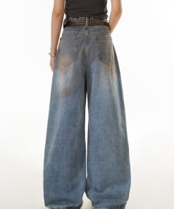Women's Distressed Straight Leg Jeans - Loose Fit High Street Casual Pants in Dirty Dyed Style