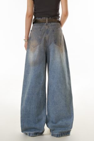 Women's Distressed Straight Leg Jeans - Loose Fit High Street Casual Pants in Dirty Dyed Style