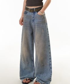Women's Distressed Straight Leg Jeans - Loose Fit High Street Casual Pants in Dirty Dyed Style