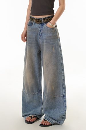Women's Distressed Straight Leg Jeans - Loose Fit High Street Casual Pants in Dirty Dyed Style