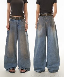 Women's Distressed Straight Leg Jeans - Loose Fit High Street Casual Pants in Dirty Dyed Style