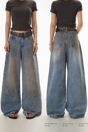Women's Distressed Straight Leg Jeans - Loose Fit High Street Casual Pants in Dirty Dyed Style