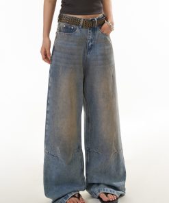 Women's Distressed Straight Leg Jeans - Loose Fit High Street Casual Pants in Dirty Dyed Style