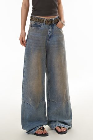 Women's Distressed Straight Leg Jeans - Loose Fit High Street Casual Pants in Dirty Dyed Style