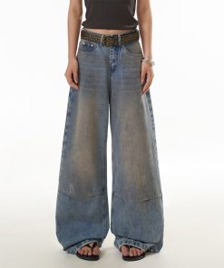 Women's Distressed Straight Leg Jeans - Loose Fit High Street Casual Pants in Dirty Dyed Style