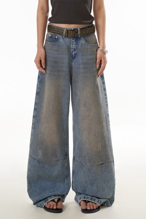 Women's Distressed Straight Leg Jeans - Loose Fit High Street Casual Pants in Dirty Dyed Style