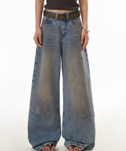 Women's Distressed Straight Leg Jeans - Loose Fit High Street Casual Pants in Dirty Dyed Style
